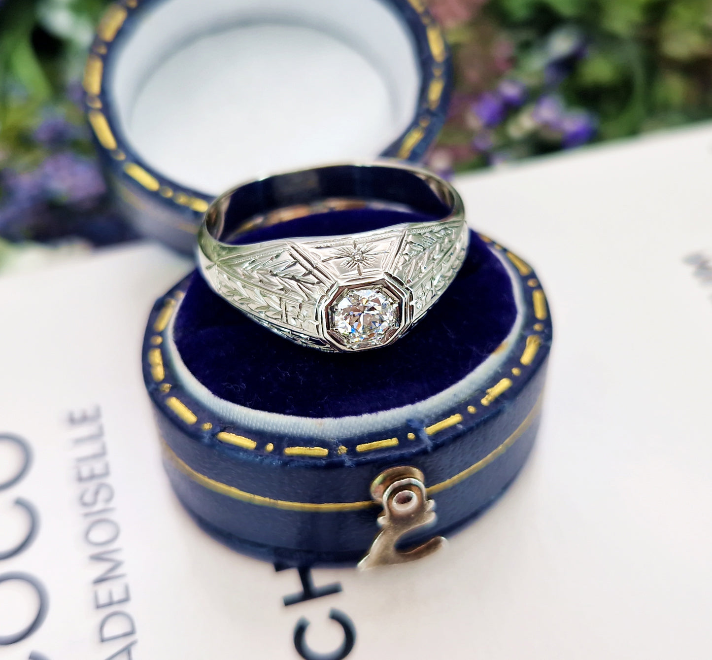 Antique Art Deco 18ct White Gold Floral Ornate Engraved Old European Cut Diamond 0.28ct Solitaire Engagement Ring / Size S or 9.5