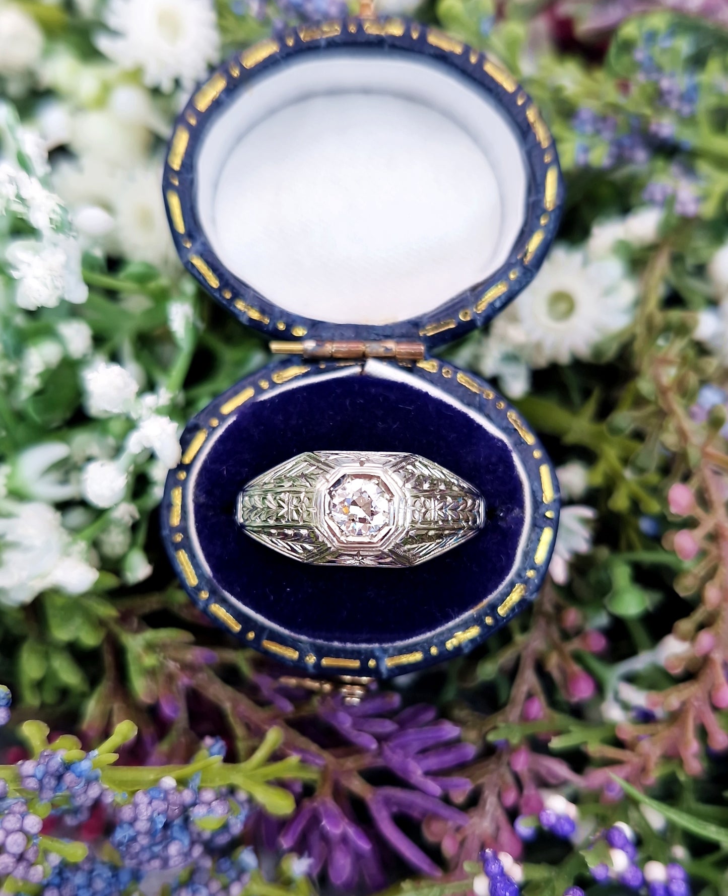 Antique Art Deco 18ct White Gold Floral Ornate Engraved Old European Cut Diamond 0.28ct Solitaire Engagement Ring / Size S or 9.5