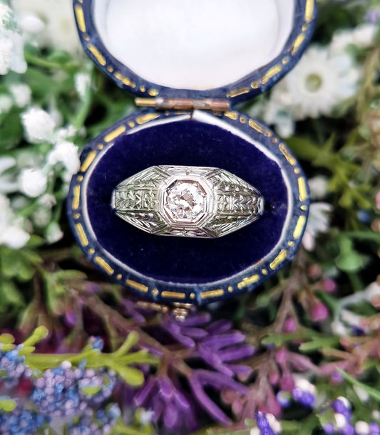 Antique Art Deco 18ct White Gold Floral Ornate Engraved Old European Cut Diamond 0.28ct Solitaire Engagement Ring / Size S or 9.5