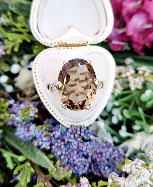 Vintage Sterling Silver Large Smoky Quartz Statement Solitaire Ring / Size M or 6.5