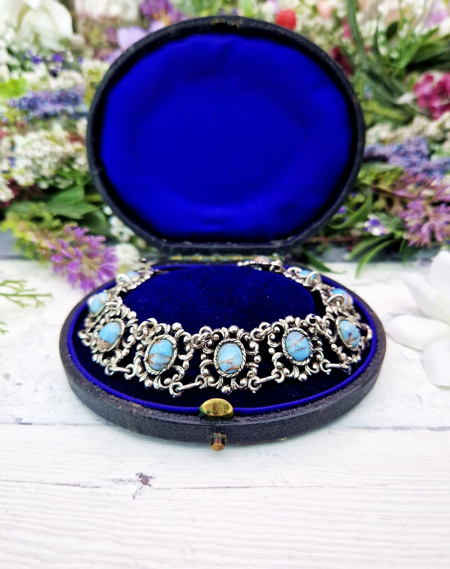 Vintage Silver Tone Ornate Filigree Matrix Turquoise Imitation Cabochon Statement Bracelet