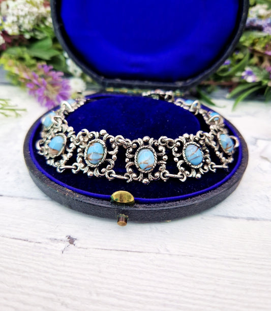 Vintage Silver Tone Ornate Filigree Matrix Turquoise Imitation Cabochon Statement Bracelet