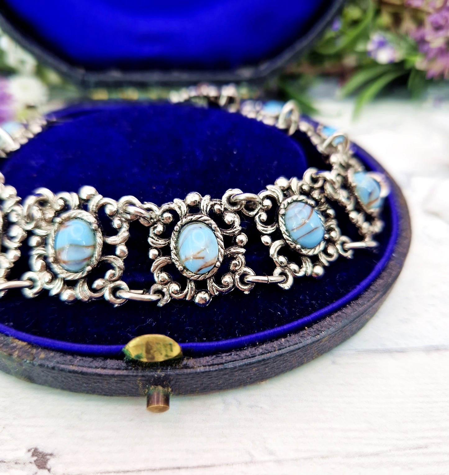 Vintage Silver Tone Ornate Filigree Matrix Turquoise Imitation Cabochon Statement Bracelet