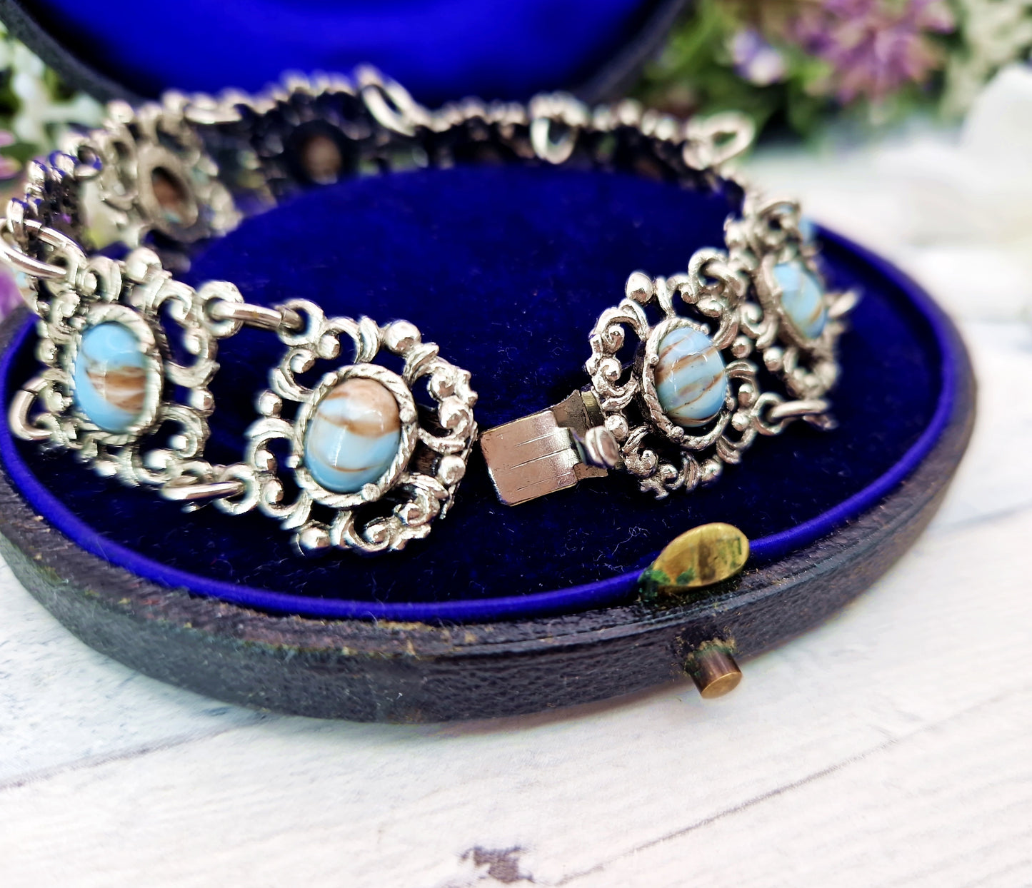 Vintage Silver Tone Ornate Filigree Matrix Turquoise Imitation Cabochon Statement Bracelet