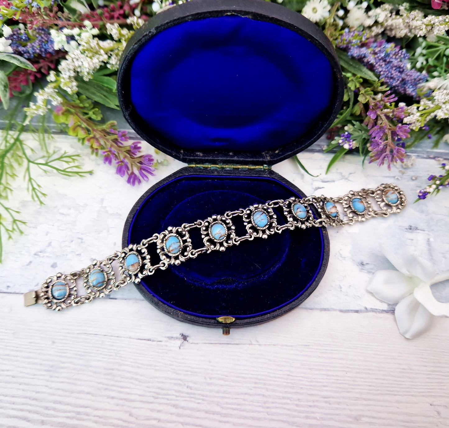 Vintage Silver Tone Ornate Filigree Matrix Turquoise Imitation Cabochon Statement Bracelet