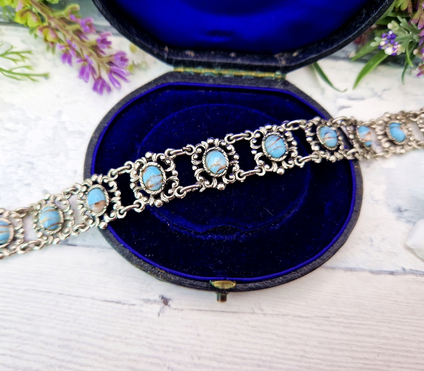 Vintage Silver Tone Ornate Filigree Matrix Turquoise Imitation Cabochon Statement Bracelet
