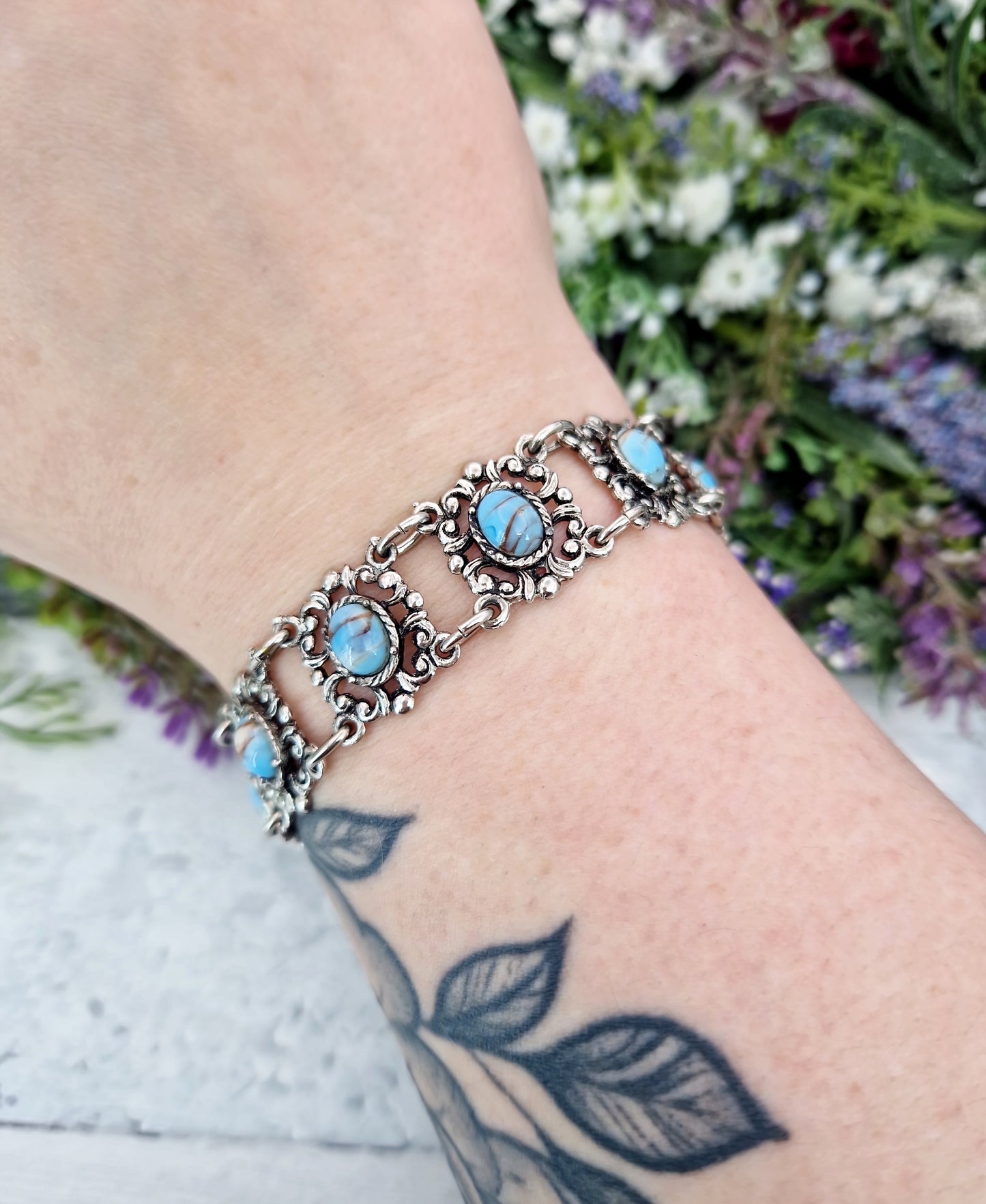 Vintage Silver Tone Ornate Filigree Matrix Turquoise Imitation Cabochon Statement Bracelet