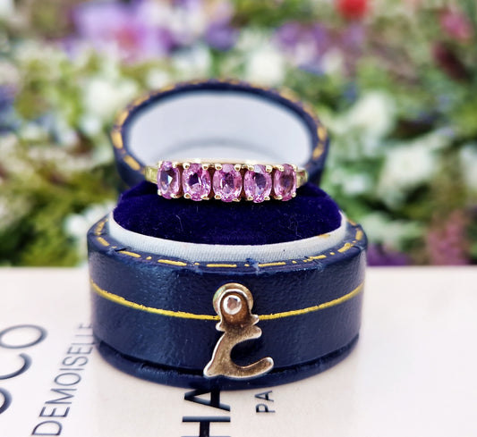 Vintage 9ct Yellow Gold Pink Sapphire Gemstone 5 Stone Ring / Size N 1/2 or 7.25