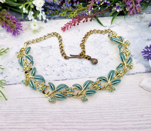 Vintage Gold Plated Turquoise Blue Enamel Floral Botanical Statement Necklace