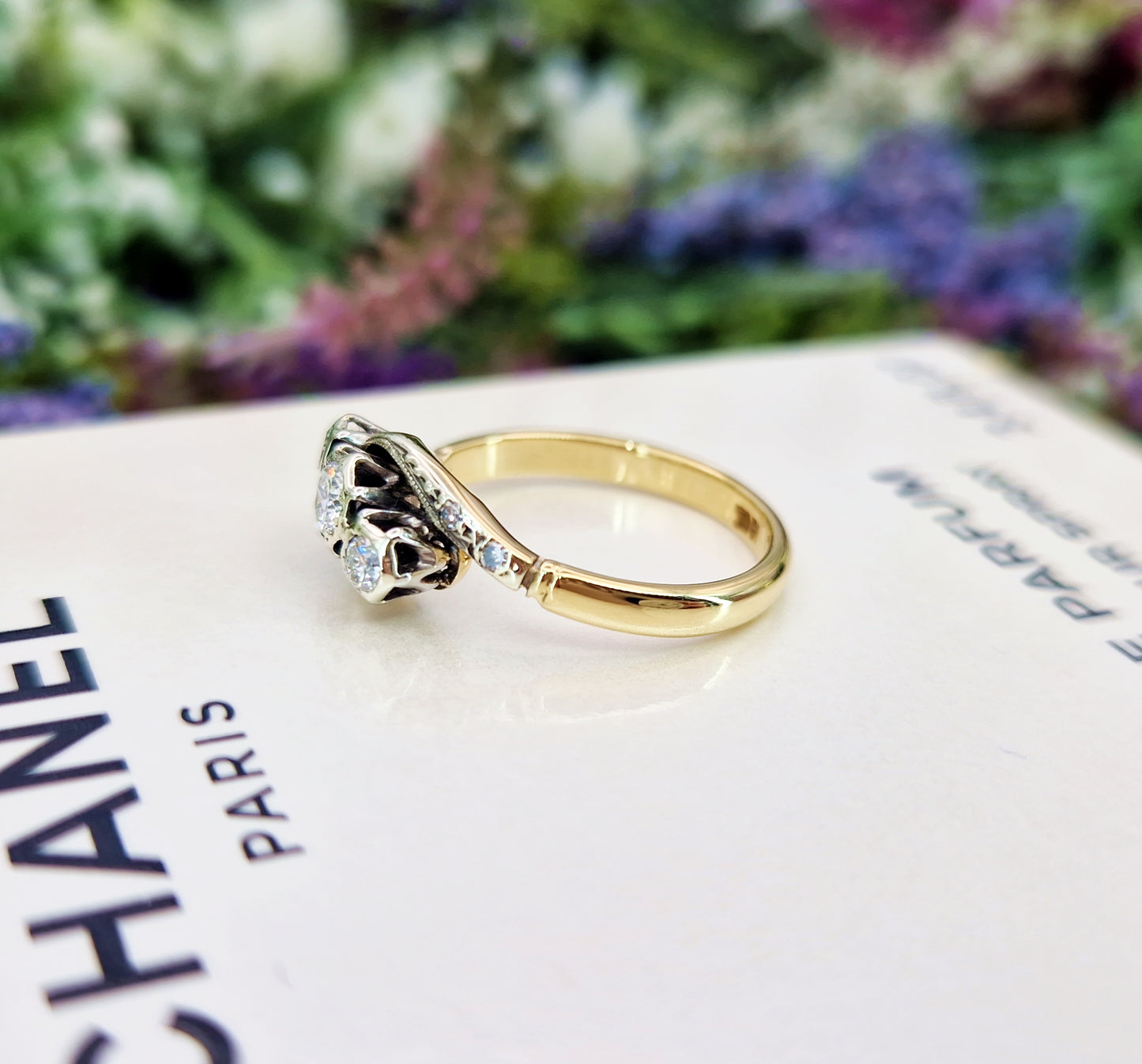 Antique 18ct Gold Classic 0.33ct Diamond Bypass Trilogy Engagement Ring / Size L 1/2 or 6.25
