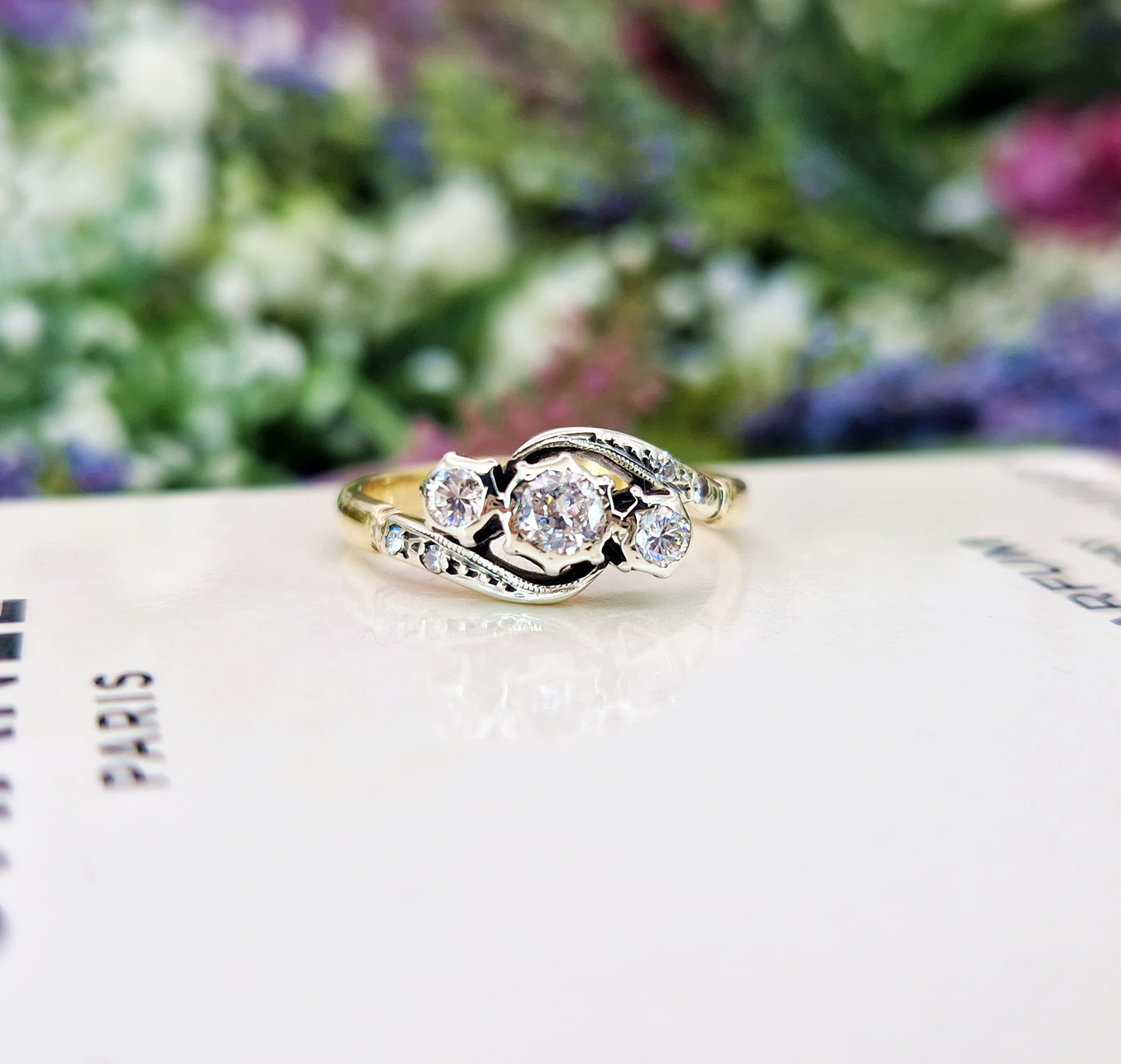Antique 18ct Gold Classic 0.33ct Diamond Bypass Trilogy Engagement Ring / Size L 1/2 or 6.25