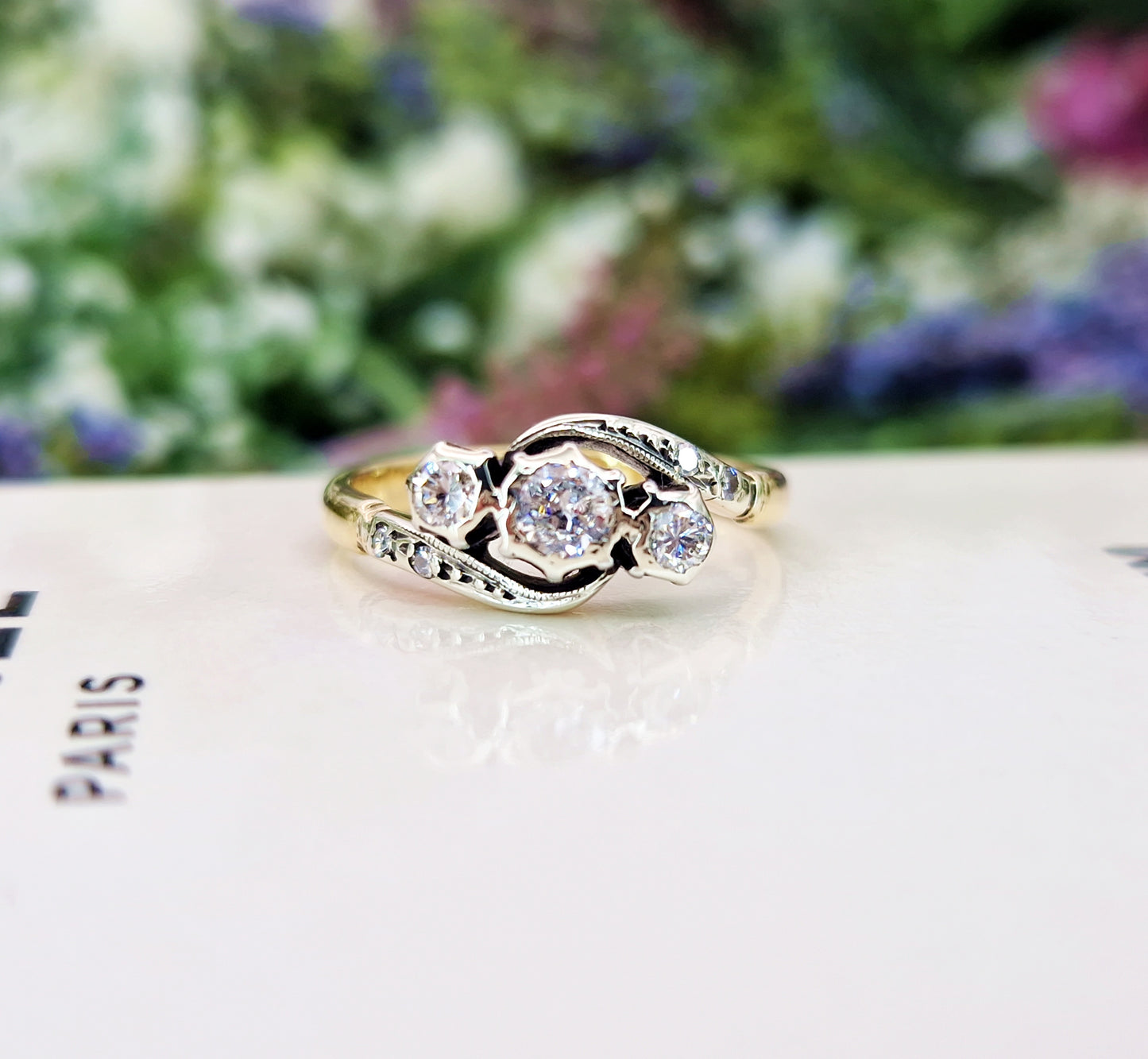 Antique 18ct Gold Classic 0.33ct Diamond Bypass Trilogy Engagement Ring / Size L 1/2 or 6.25