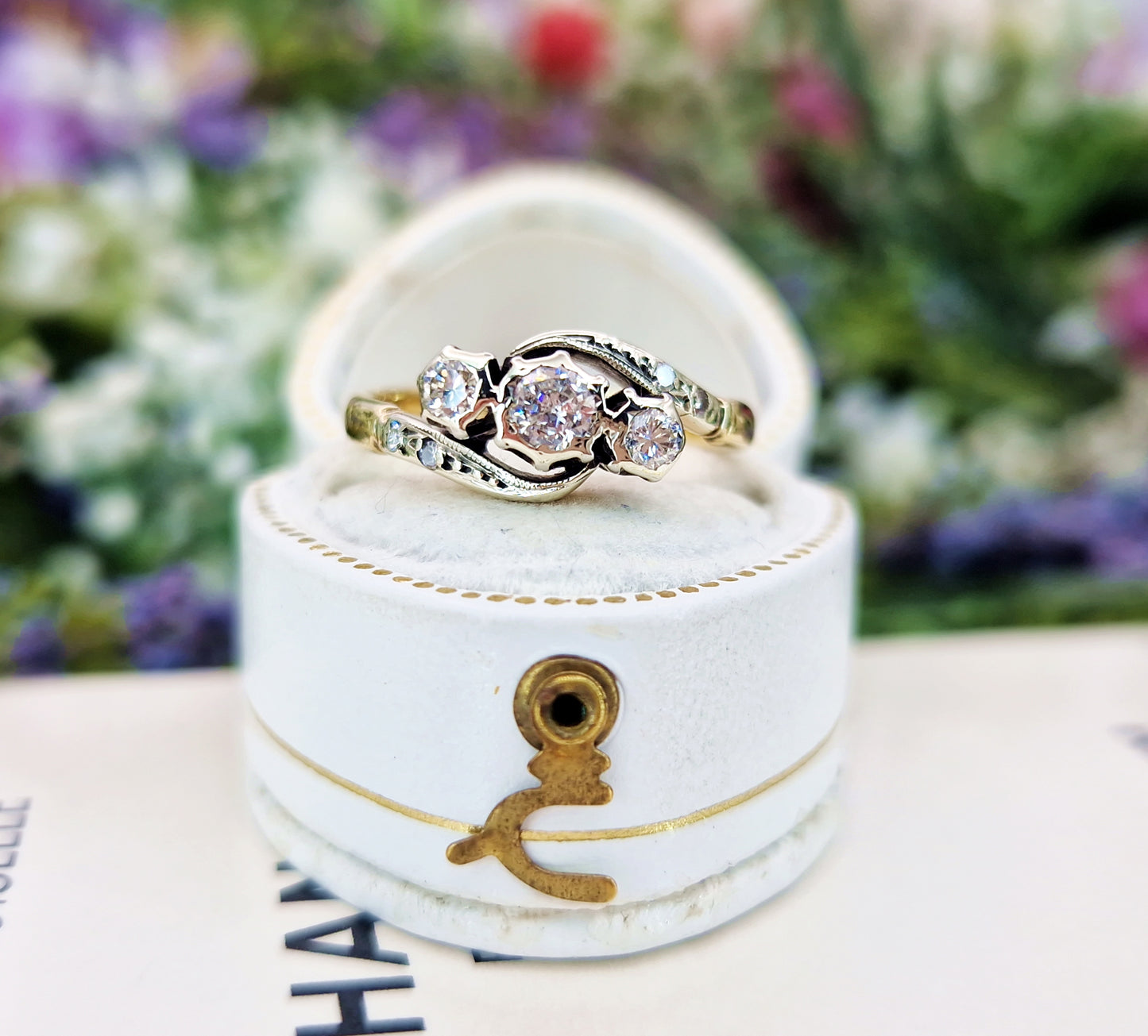 Antique 18ct Gold Classic 0.33ct Diamond Bypass Trilogy Engagement Ring / Size L 1/2 or 6.25