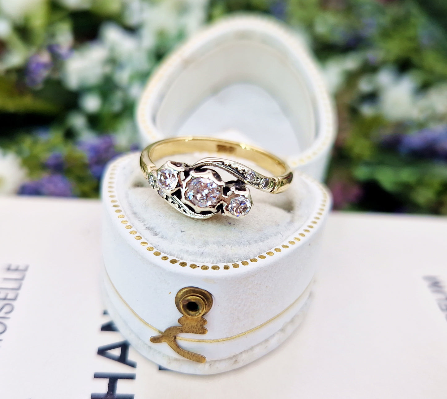 Antique 18ct Gold Classic 0.33ct Diamond Bypass Trilogy Engagement Ring / Size L 1/2 or 6.25