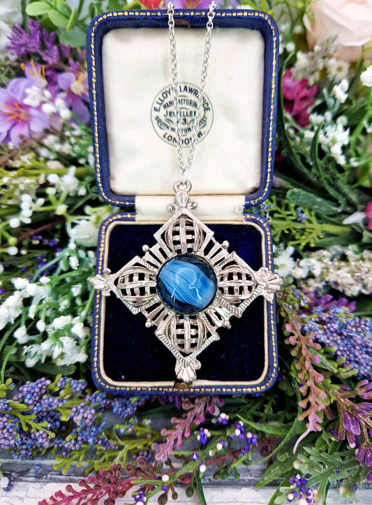 Vintage Silver Scottish Style Blue Glass Large Statement Pendant Necklace