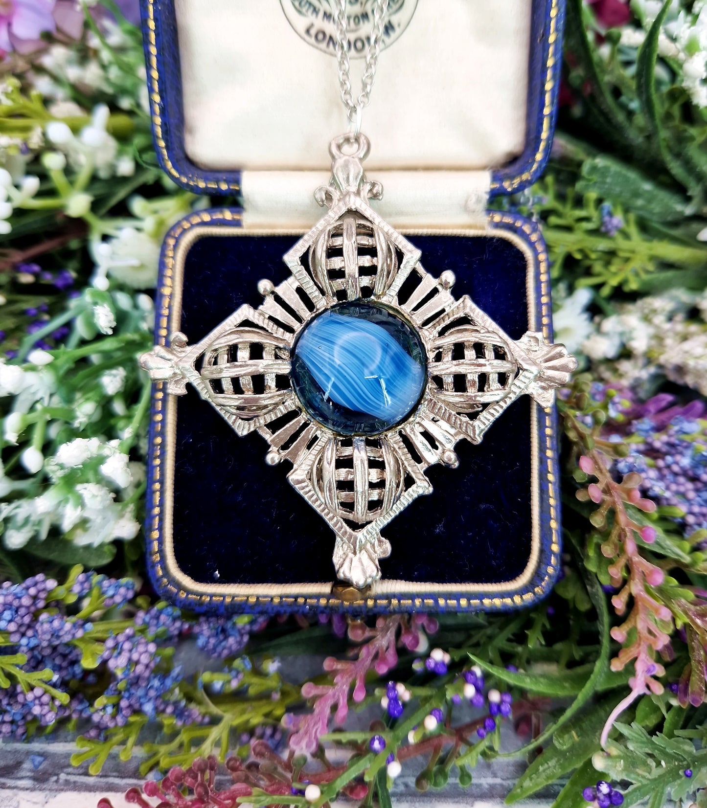 Vintage Silver Scottish Style Blue Glass Large Statement Pendant Necklace