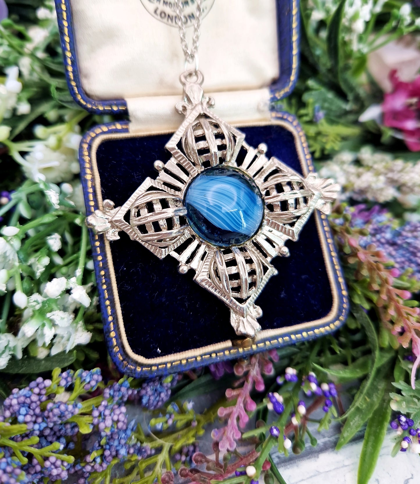 Vintage Silver Scottish Style Blue Glass Large Statement Pendant Necklace