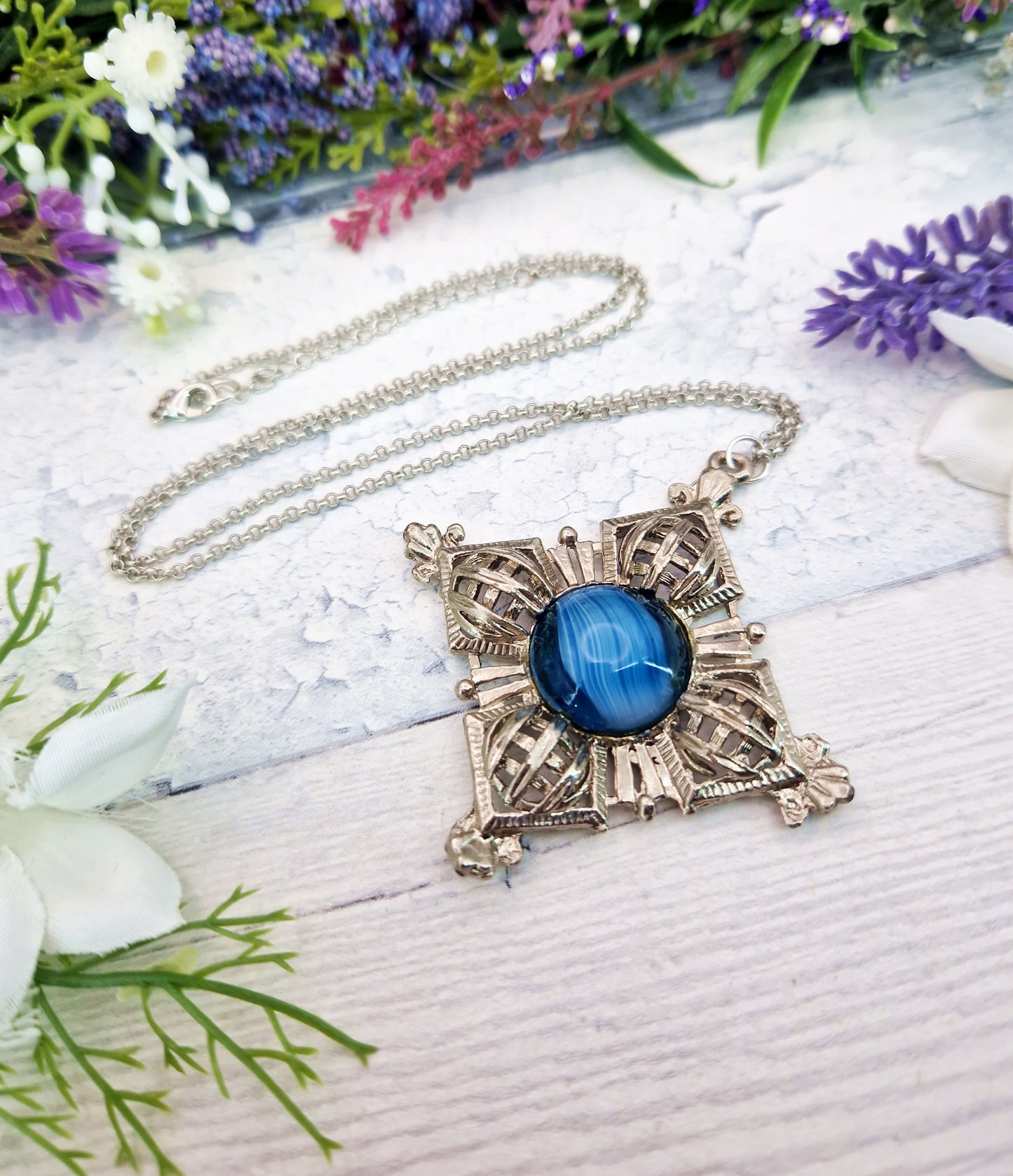 Vintage Silver Scottish Style Blue Glass Large Statement Pendant Necklace