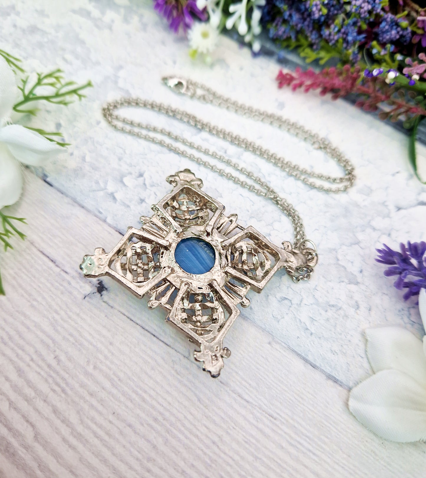 Vintage Silver Scottish Style Blue Glass Large Statement Pendant Necklace