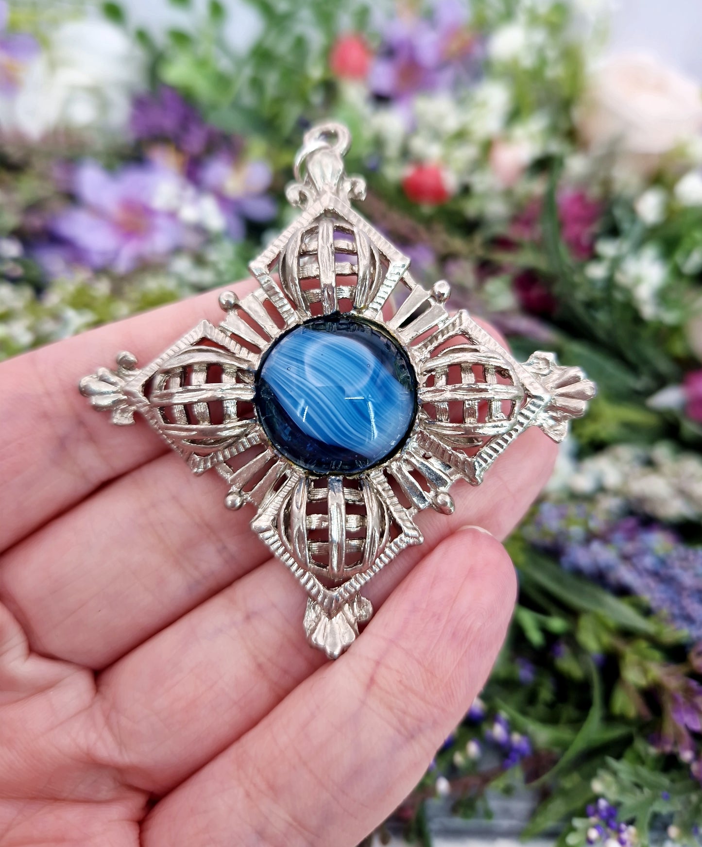 Vintage Silver Scottish Style Blue Glass Large Statement Pendant Necklace