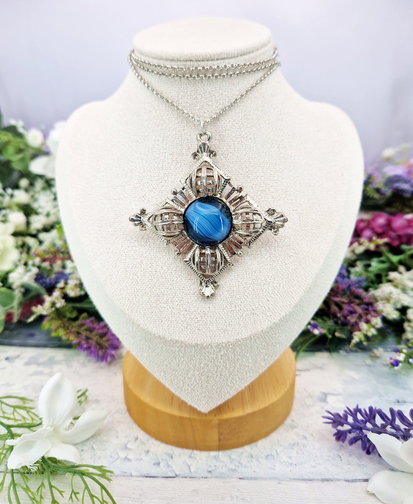 Vintage Silver Scottish Style Blue Glass Large Statement Pendant Necklace