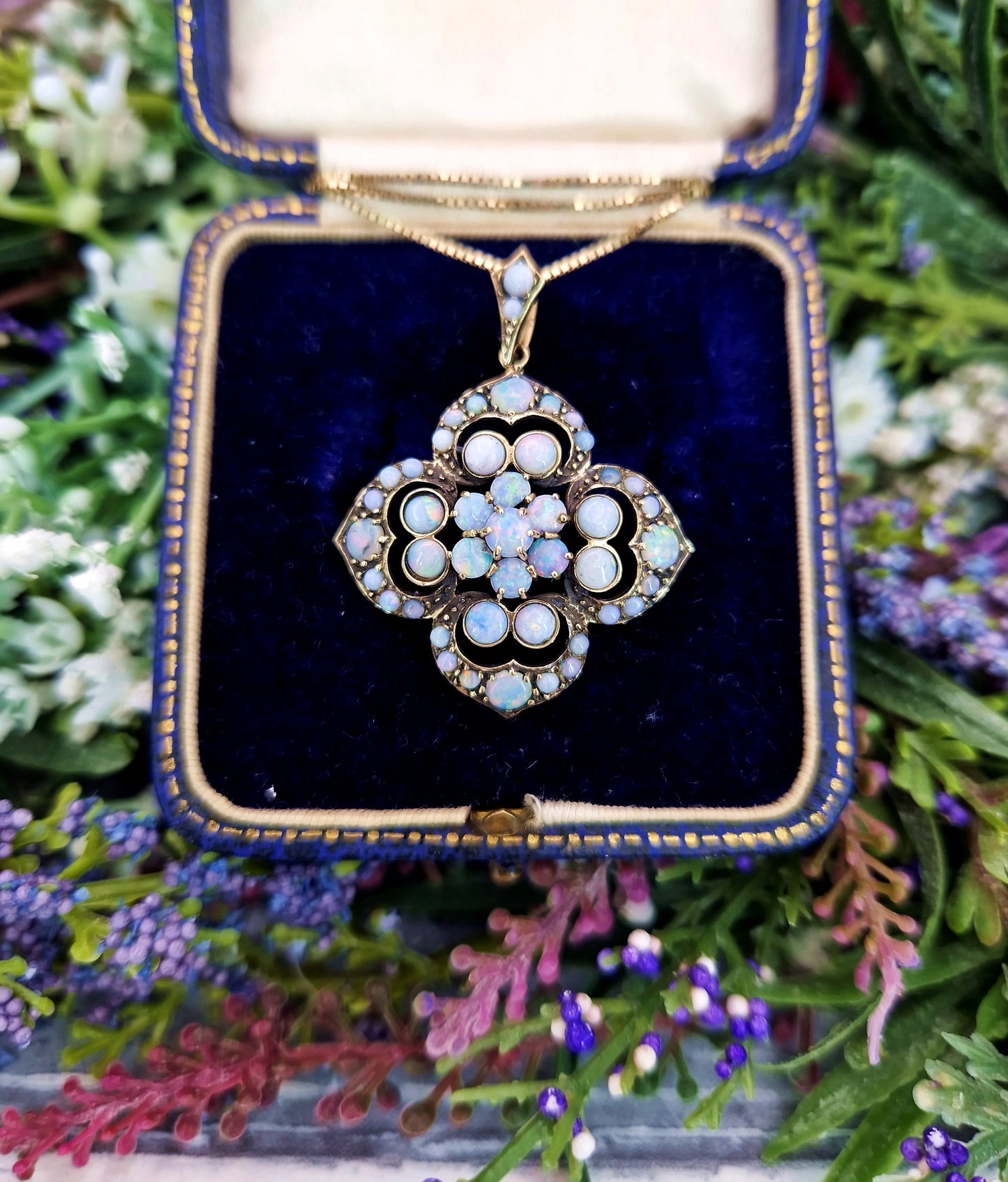 Vintage Art Nouveau Style 9ct Gold Floral Opal Cluster Pendant Necklace