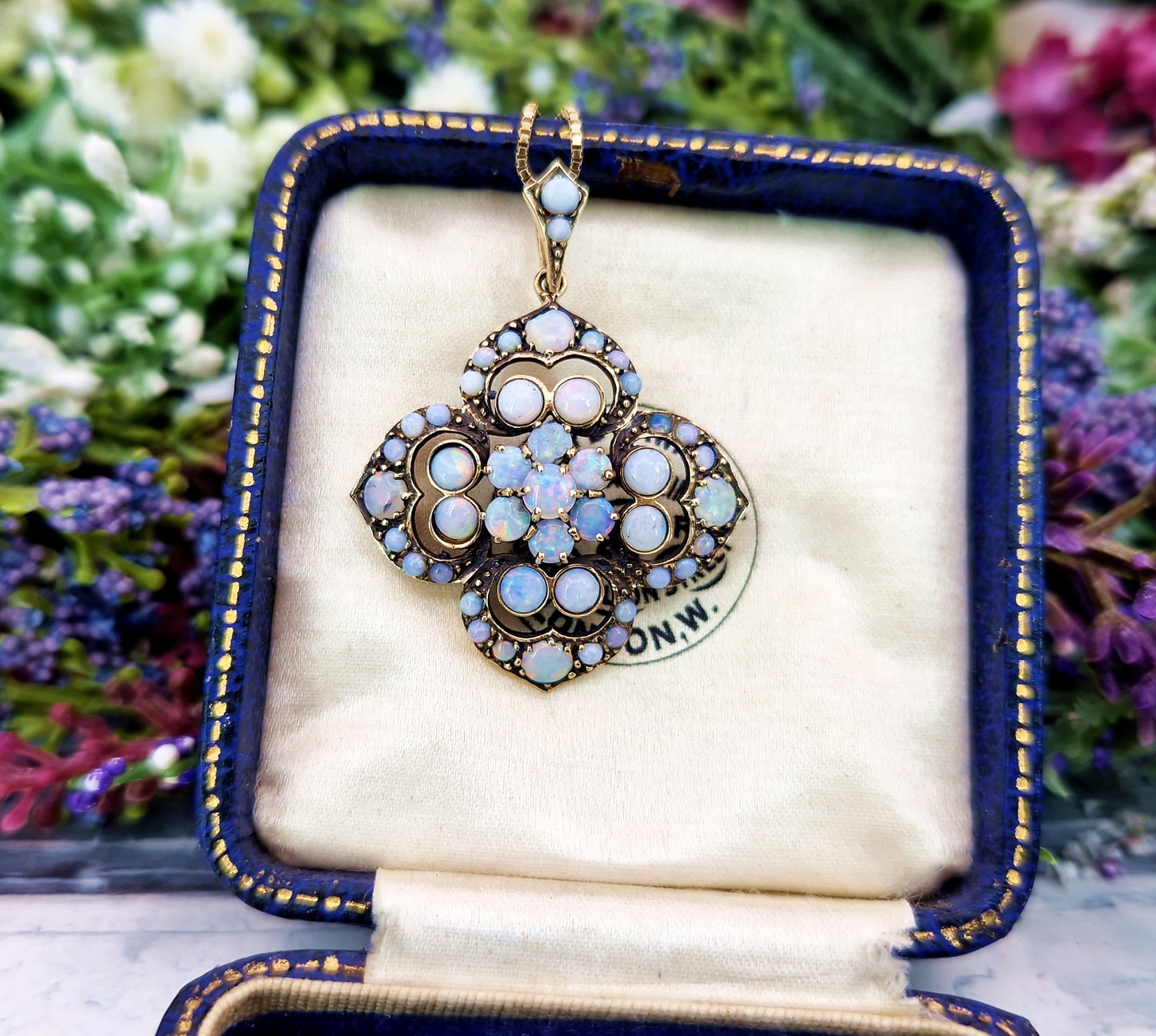 Vintage Art Nouveau Style 9ct Gold Floral Opal Cluster Pendant Necklace