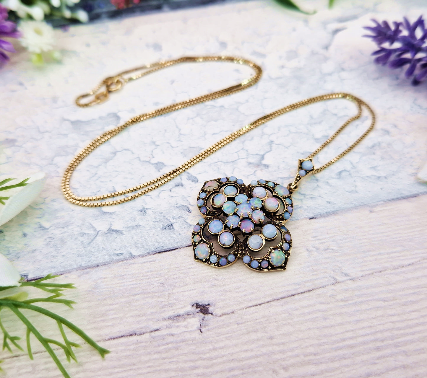 Vintage Art Nouveau Style 9ct Gold Floral Opal Cluster Pendant Necklace