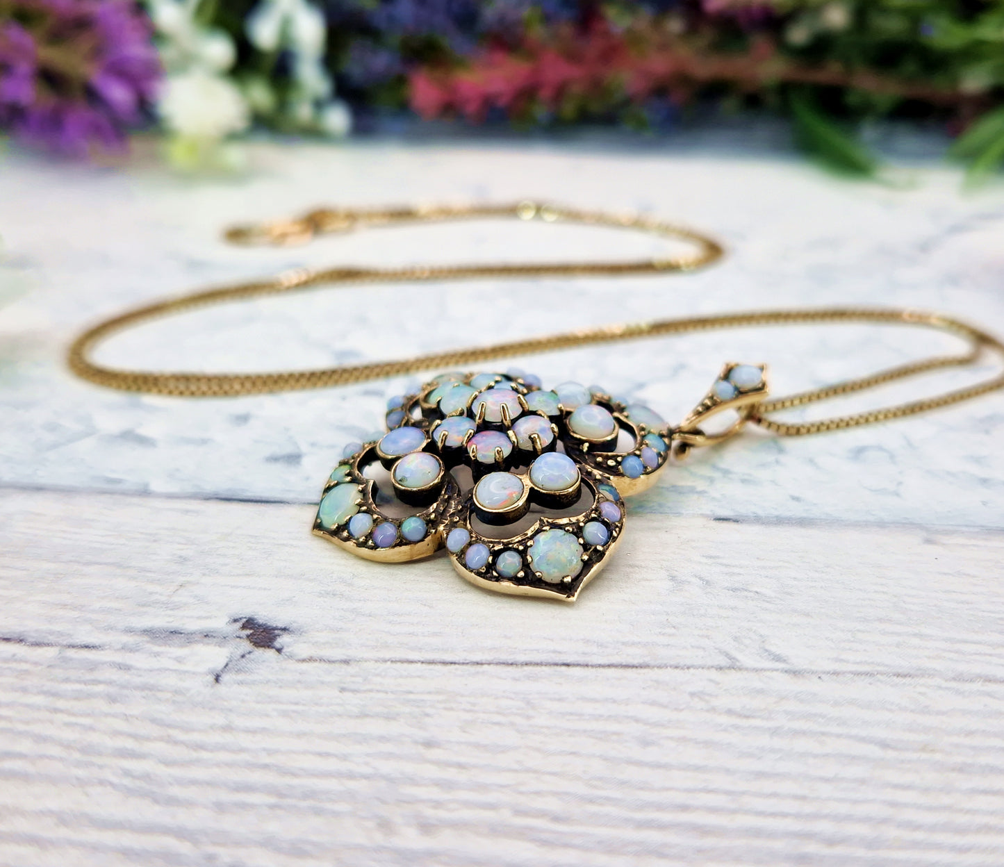 Vintage Art Nouveau Style 9ct Gold Floral Opal Cluster Pendant Necklace