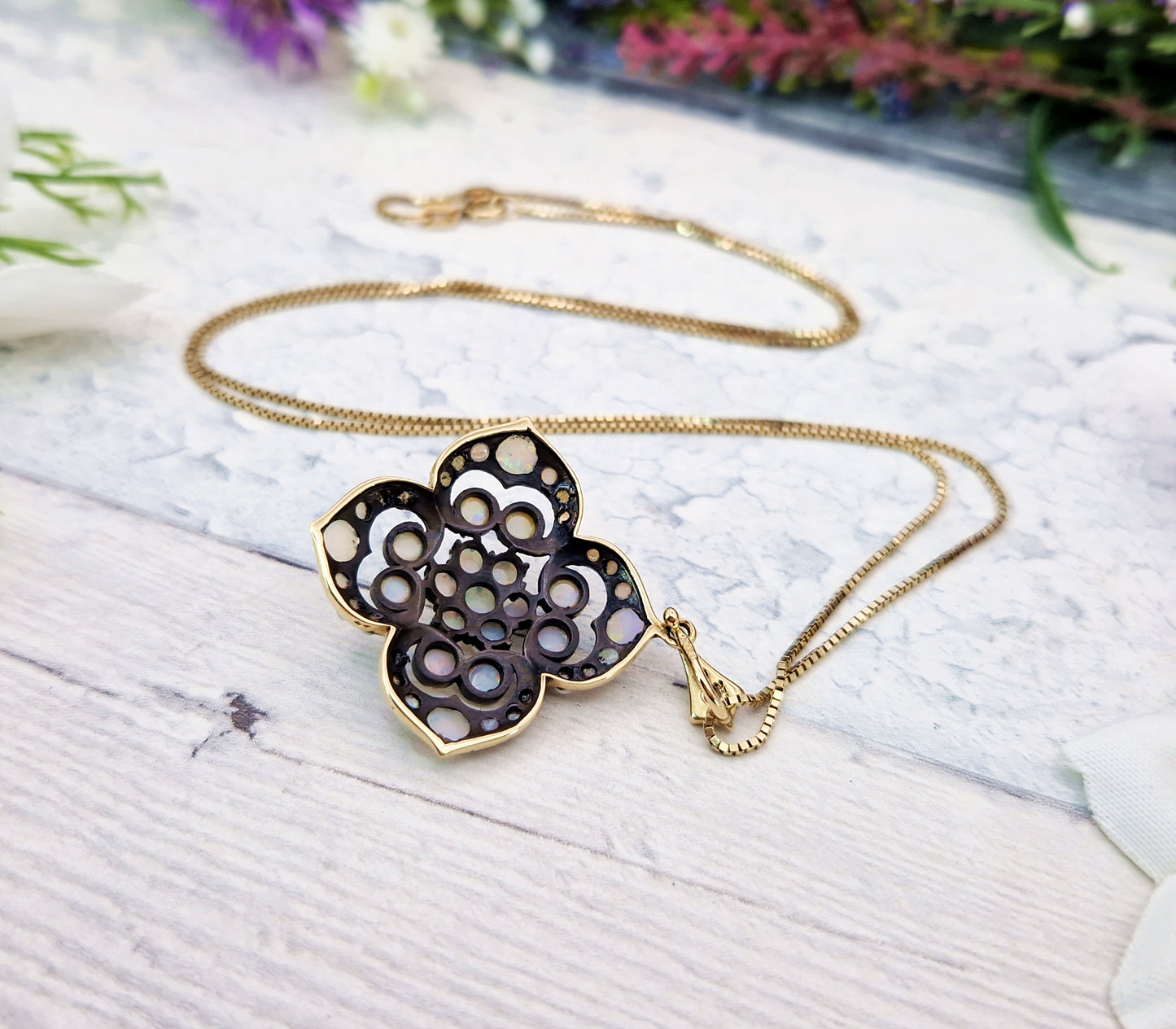 Vintage Art Nouveau Style 9ct Gold Floral Opal Cluster Pendant Necklace