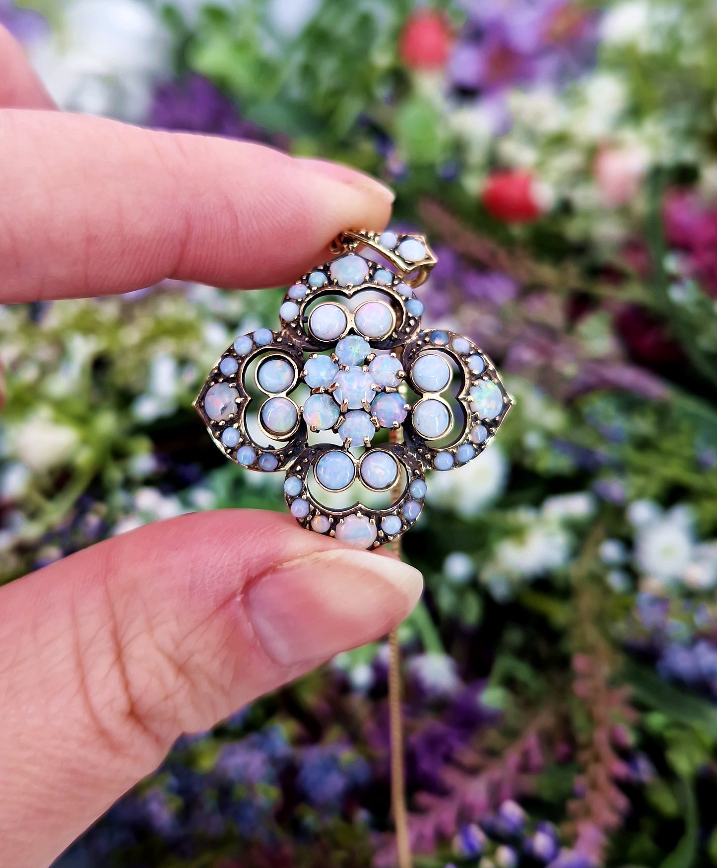 Vintage Art Nouveau Style 9ct Gold Floral Opal Cluster Pendant Necklace