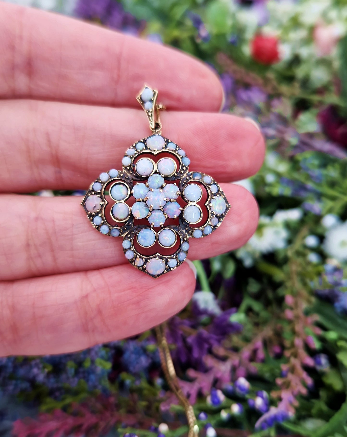 Vintage Art Nouveau Style 9ct Gold Floral Opal Cluster Pendant Necklace