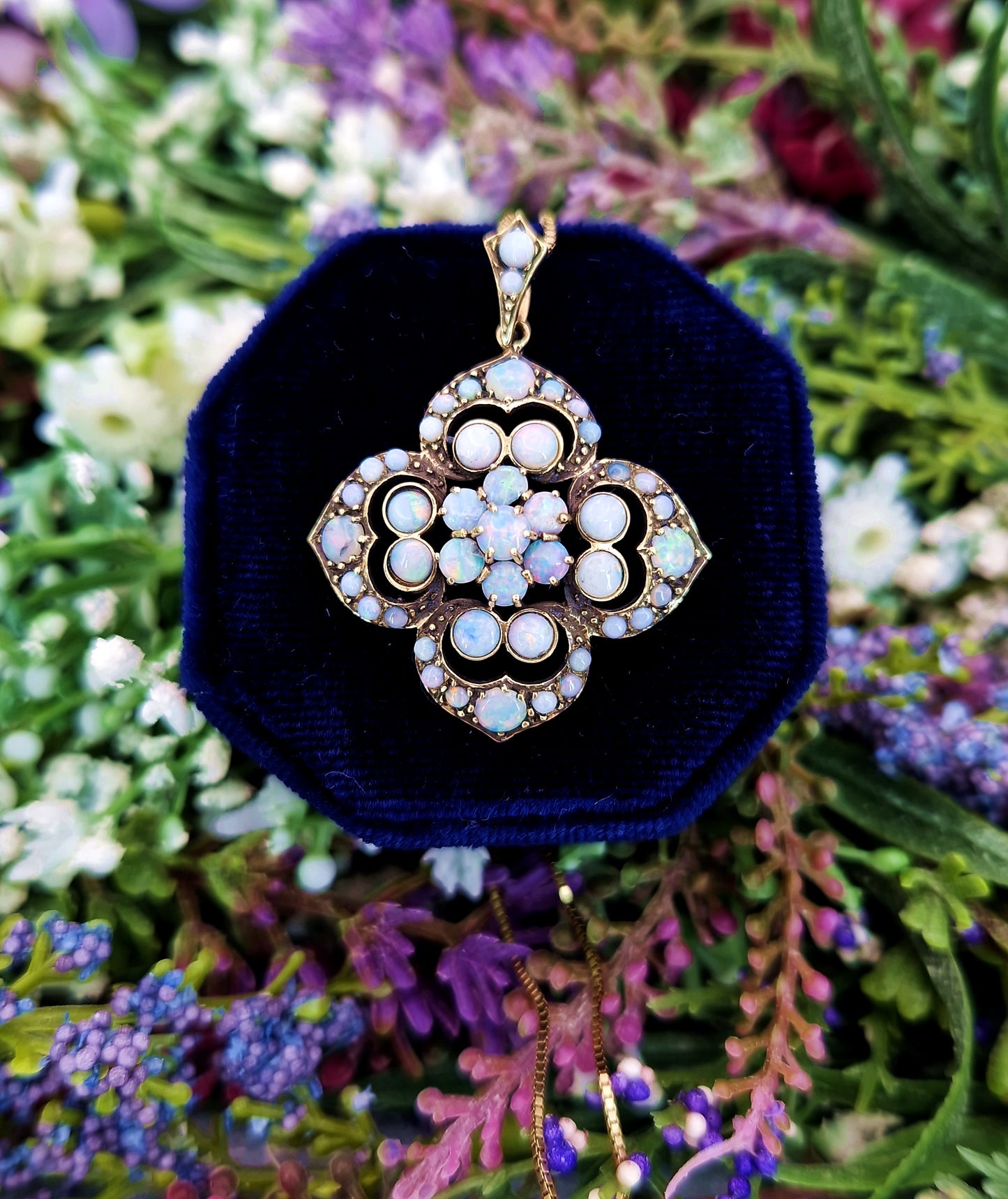 Vintage Art Nouveau Style 9ct Gold Floral Opal Cluster Pendant Necklace