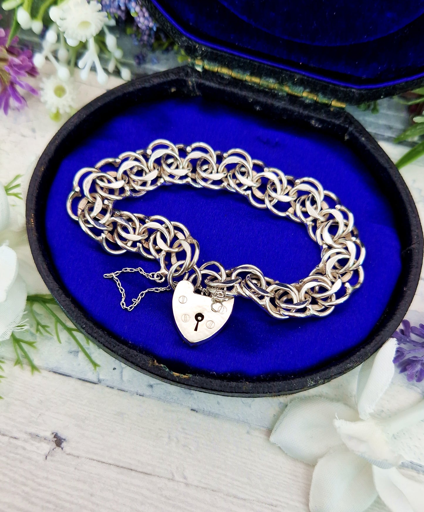 Vintage 1978 Sterling Silver Double Curb Link Bracelet with Love Heart Padlock 19.6grams
