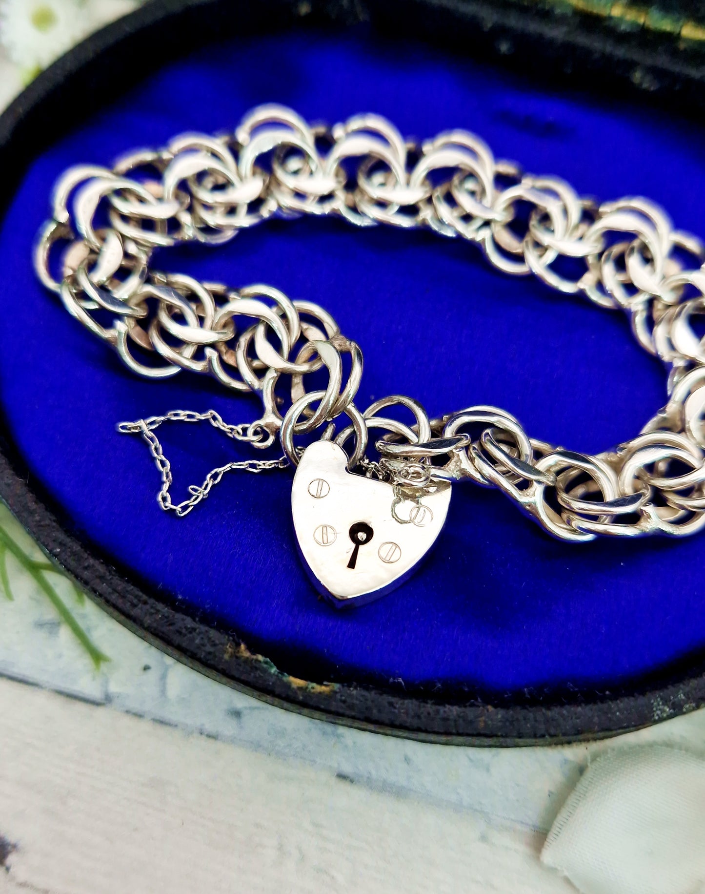 Vintage 1978 Sterling Silver Double Curb Link Bracelet with Love Heart Padlock 19.6grams