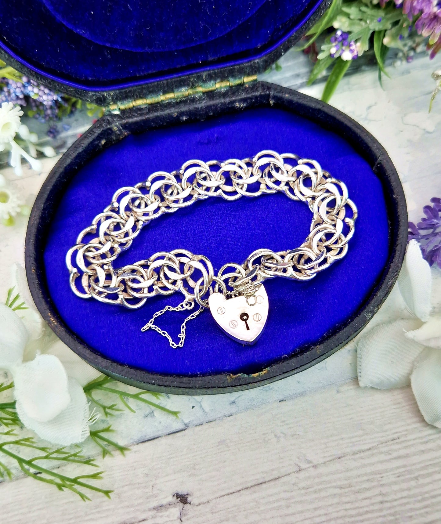 Vintage 1978 Sterling Silver Double Curb Link Bracelet with Love Heart Padlock 19.6grams