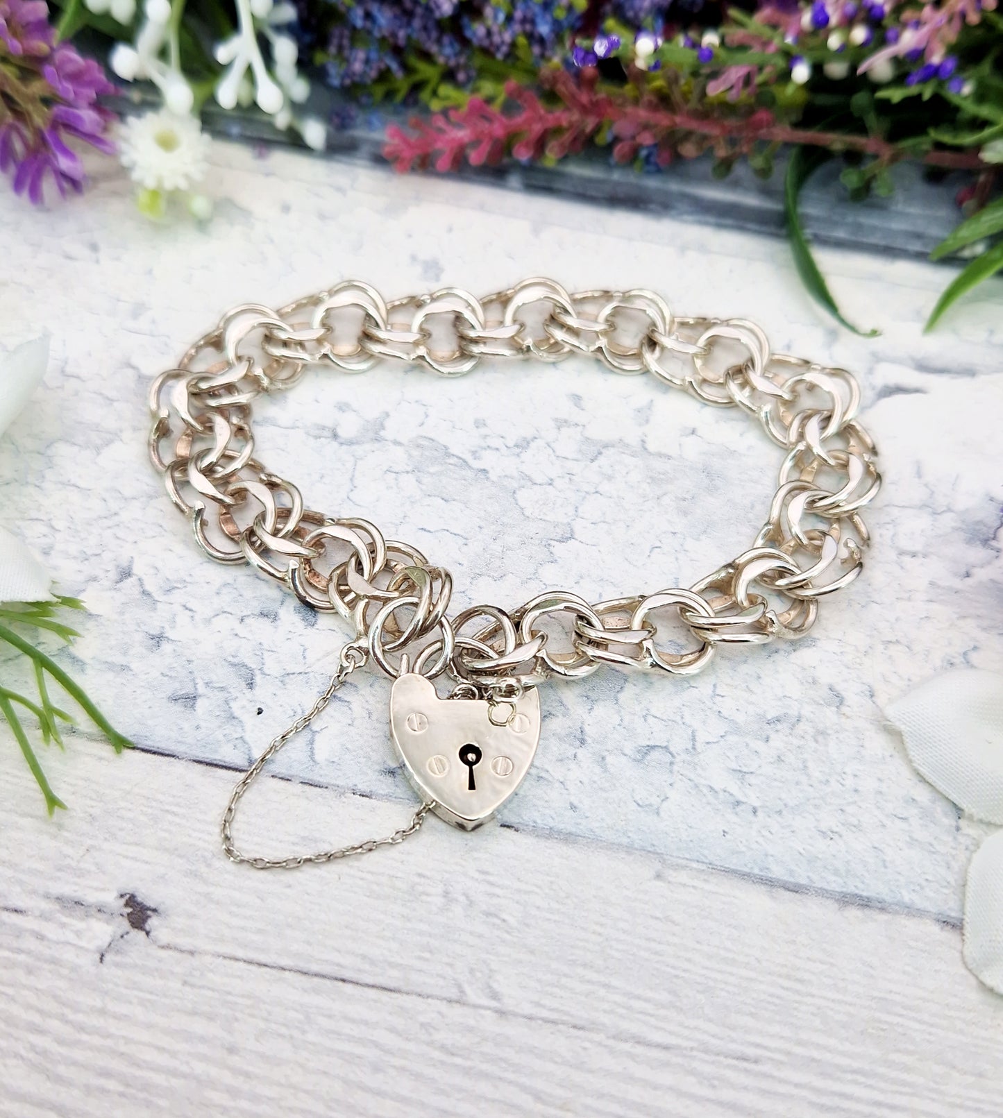 Vintage 1978 Sterling Silver Double Curb Link Bracelet with Love Heart Padlock 19.6grams