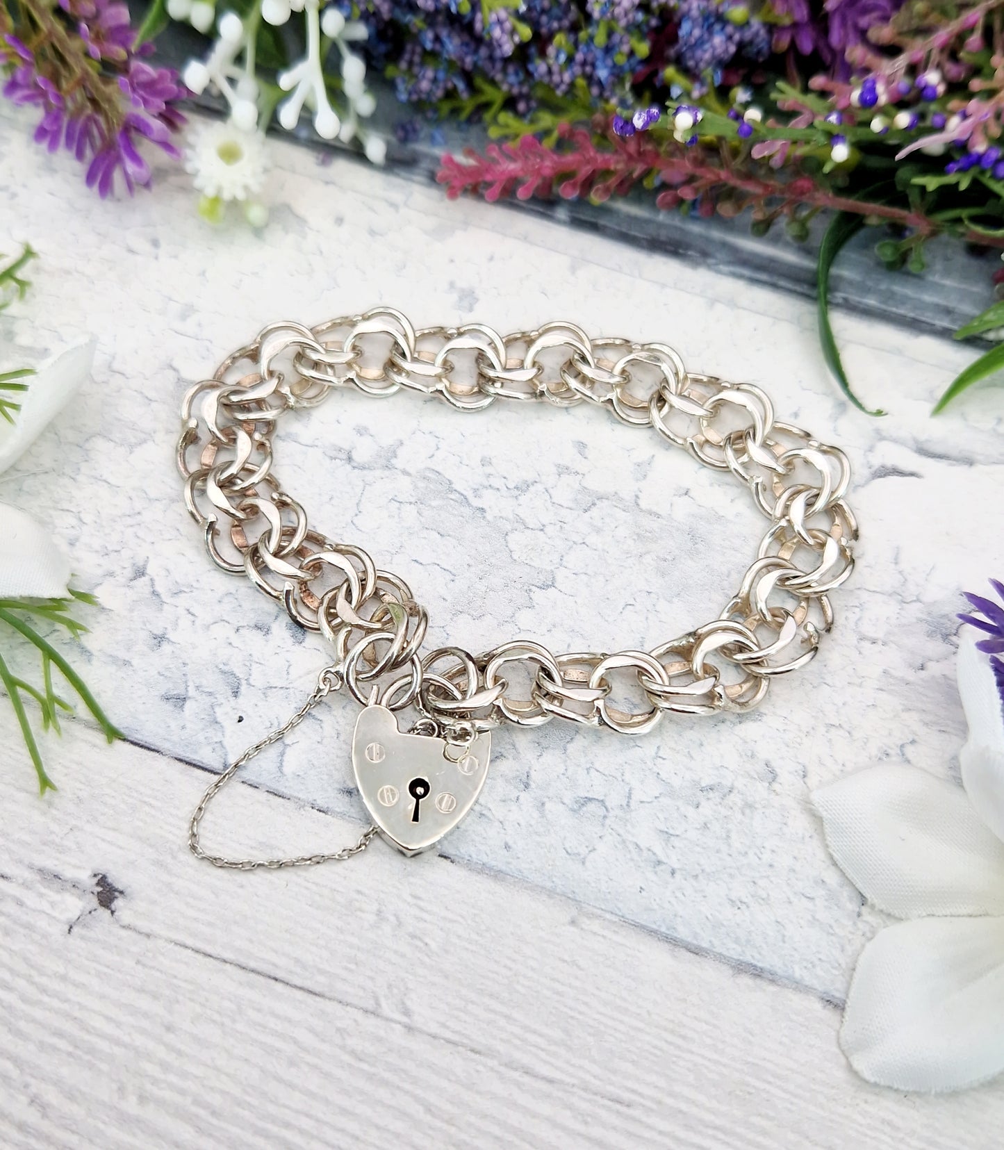 Vintage 1978 Sterling Silver Double Curb Link Bracelet with Love Heart Padlock 19.6grams