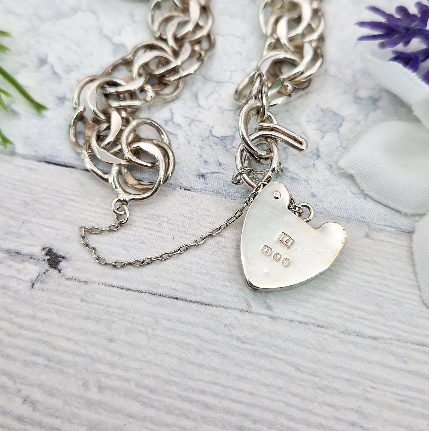 Vintage 1978 Sterling Silver Double Curb Link Bracelet with Love Heart Padlock 19.6grams