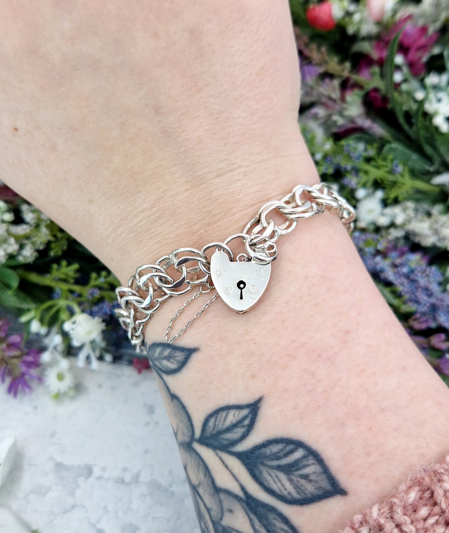 Vintage 1978 Sterling Silver Double Curb Link Bracelet with Love Heart Padlock 19.6grams