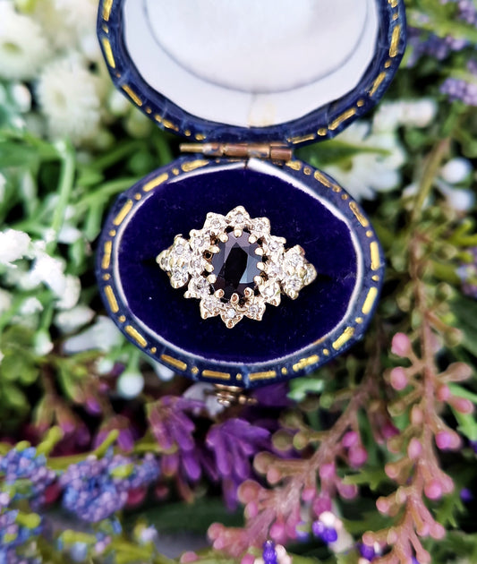 Vintage 1994 9ct Yellow Gold Classic Sapphire and Diamond Cluster Ring / Size L 1/2 or 6.25