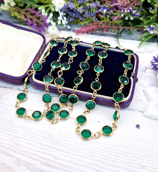 Vintage Art Deco Style Yellow Gold Plated Emerald Green Glass Bead Long Necklace