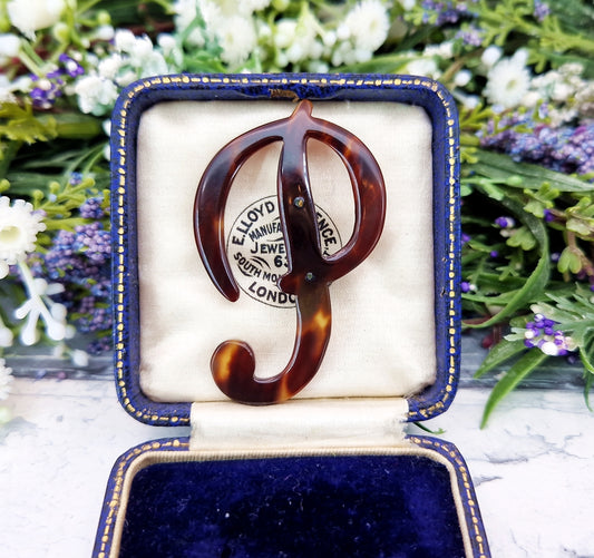 Vintage Faux Tortoiseshell Resin Large Initial Letter P Brooch Pin