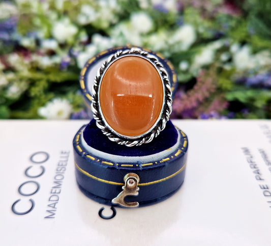 Vintage Sterling Silver Huge Ornate Carnelian Statement Solitaire Ring / Size O 1/2 or 7.75