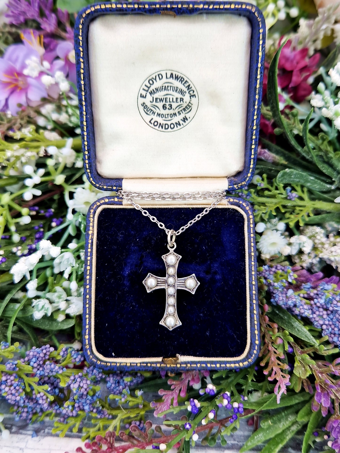 Antique Edwardian Sterling Silver Ornate White Pearl Cross Pendant Necklace