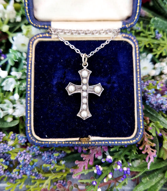 Antique Edwardian Sterling Silver Ornate White Pearl Cross Pendant Necklace