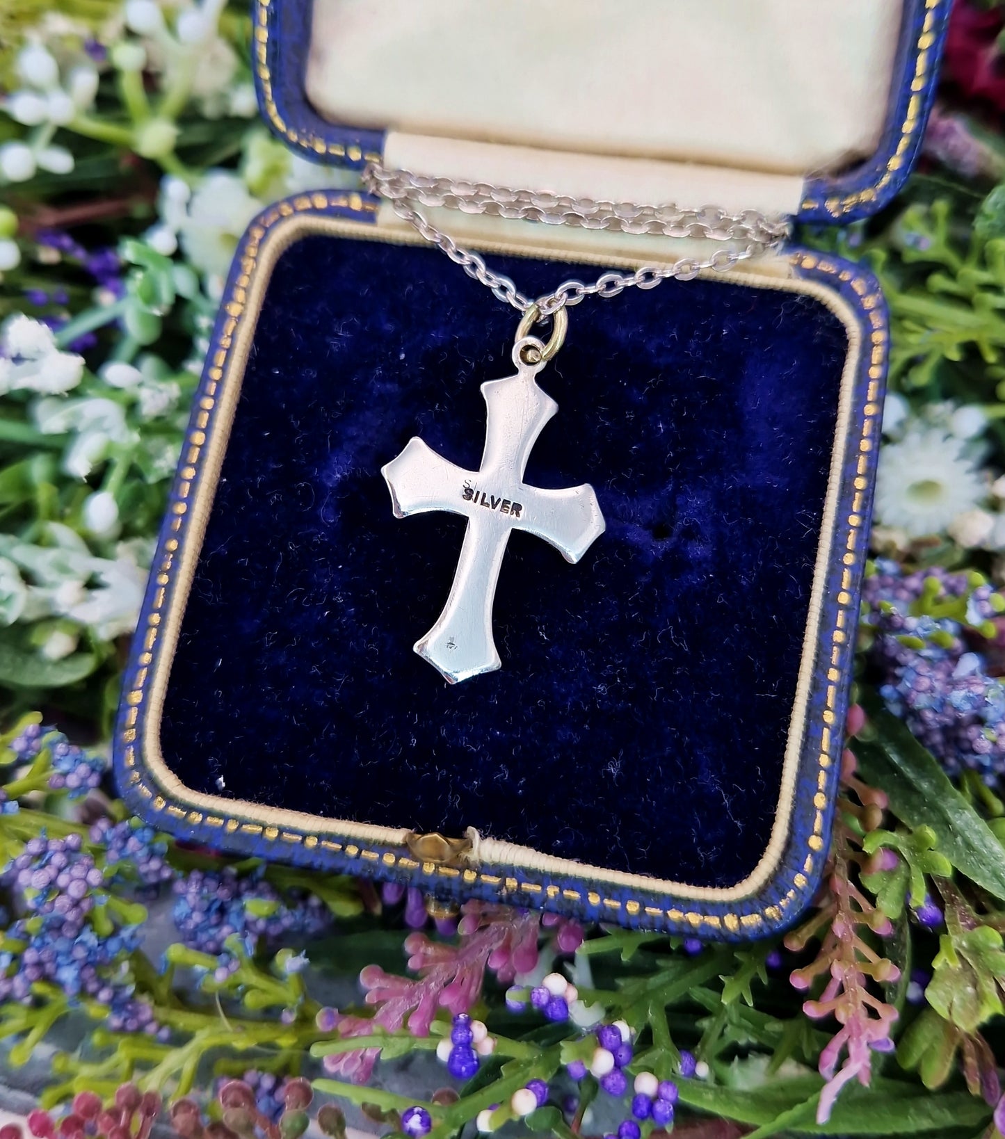 Antique Edwardian Sterling Silver Ornate White Pearl Cross Pendant Necklace