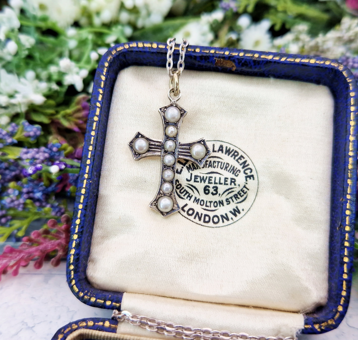 Antique Edwardian Sterling Silver Ornate White Pearl Cross Pendant Necklace