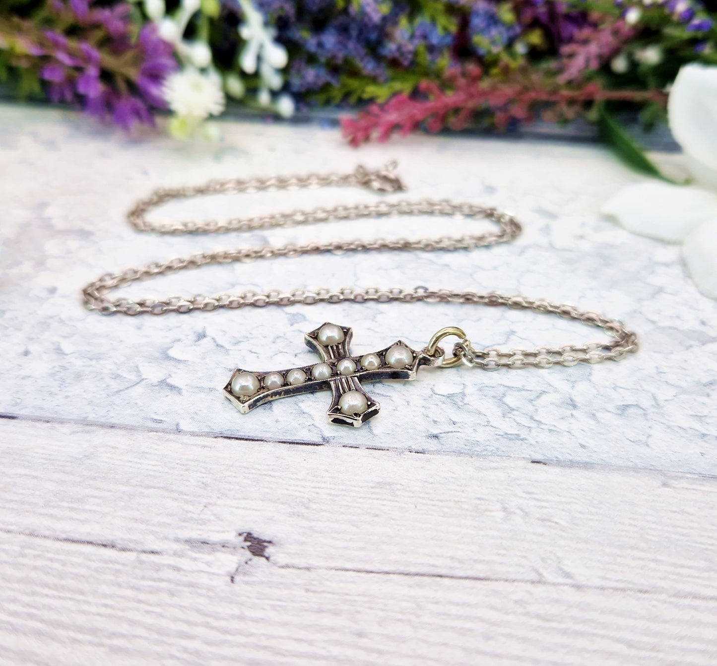 Antique Edwardian Sterling Silver Ornate White Pearl Cross Pendant Necklace