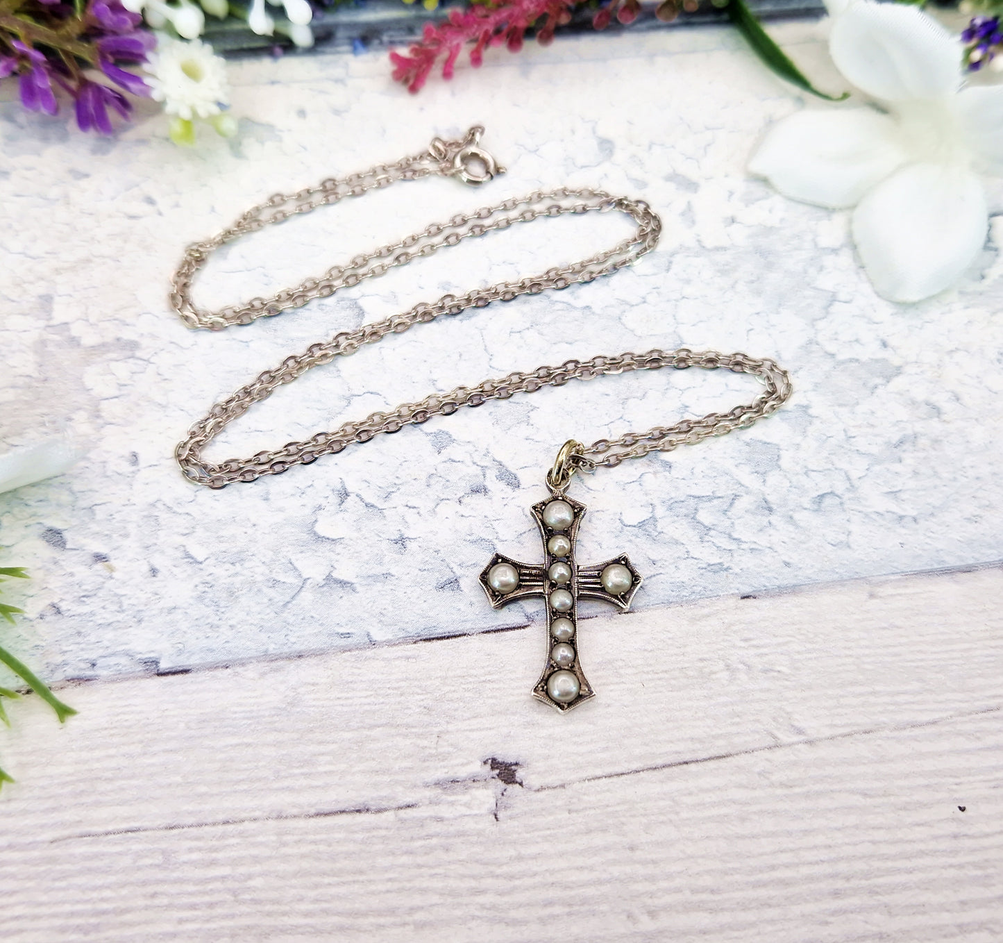 Antique Edwardian Sterling Silver Ornate White Pearl Cross Pendant Necklace